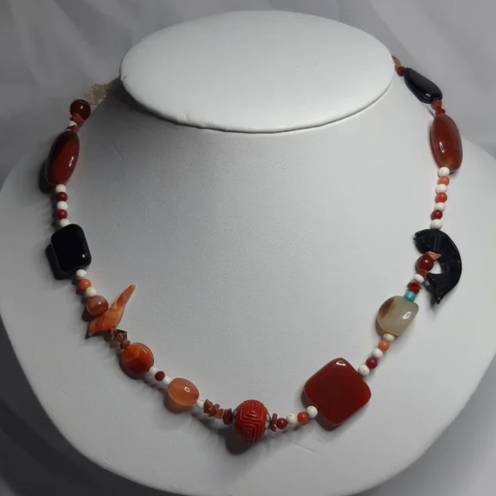 Gemstone, Cinnabar, Coral, Sandstone, Agate Beaded Necklace